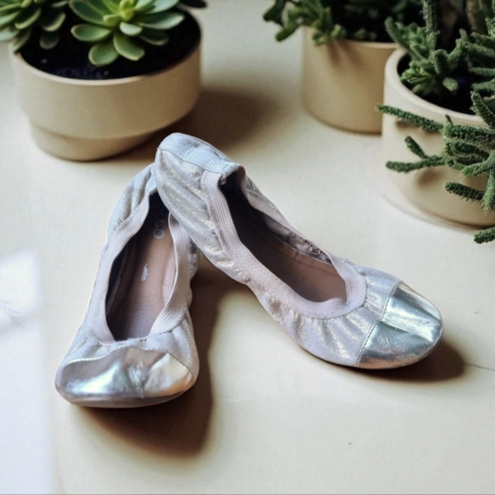 🩰 A.co Scrunch Ballet Flats Gold Sparkle Fabric; Gold Metallic Cap Toe